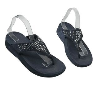 FitFlop Novy Suede Toe-Post Sandals Size 9 Blue Embellished Thong Wedge Comfort